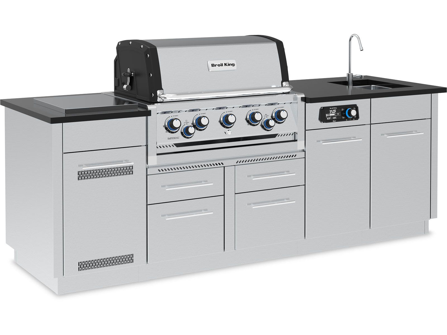 Broil King 10 1/2-Foot Outdoor Kitchen Island with Imperial QS 590i 5-Burner Gas Grill, Rotisserie, Side Burner, Sink, Refrigerator & iQue™ Technology Control