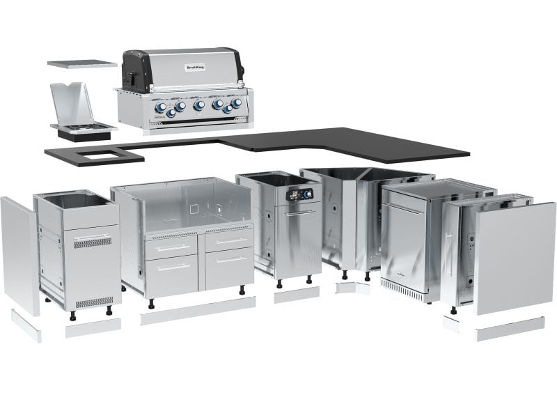 Broil King 111 x 70-Inch Outdoor Kitchen Island with Imperial QS 590i 5-Burner Gas Grill, Rotisserie, Side Burner, Refrigerator & iQue™ Technology Control