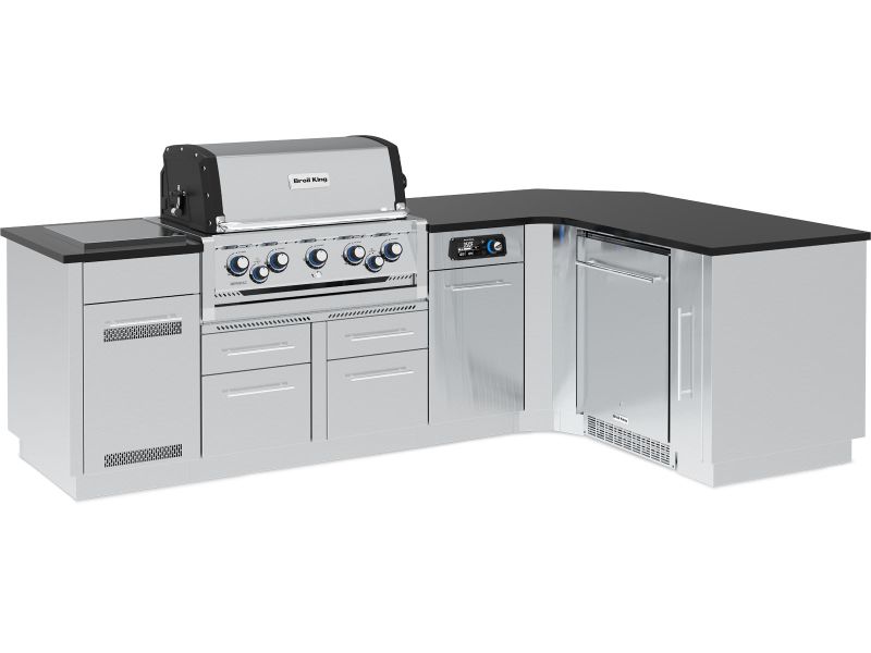 Broil King 111 x 70-Inch Outdoor Kitchen Island with Imperial QS 590i 5-Burner Gas Grill, Rotisserie, Side Burner, Refrigerator & iQue™ Technology Control