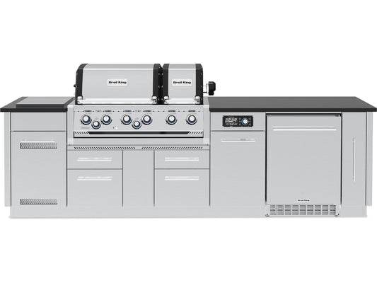 Broil King 9 3/4-Foot Outdoor Kitchen Island with Imperial QS 690i 6-Burner Gas Grill, Rotisserie, Side Burner, Refrigerator & iQue™ Technology Control