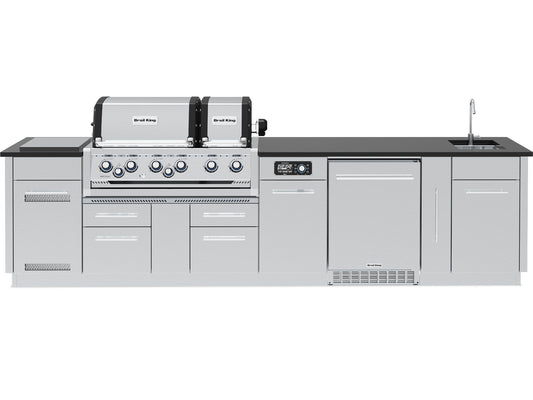 Broil King 11-Foot Outdoor Kitchen Island with Imperial QS 690i 6-Burner Gas Grill, Rotisserie, Side Burner, Sink, Refrigerator & iQue™ Technology Control