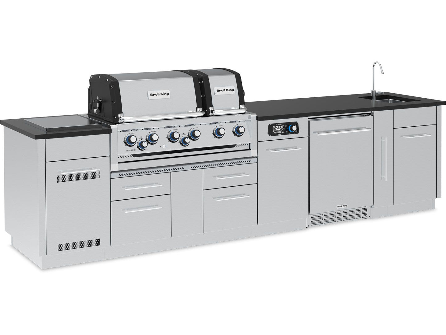 Broil King 11-Foot Outdoor Kitchen Island with Imperial QS 690i 6-Burner Gas Grill, Rotisserie, Side Burner, Sink, Refrigerator & iQue™ Technology Control