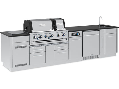 Broil King 11-Foot Outdoor Kitchen Island with Imperial QS 690i 6-Burner Gas Grill, Rotisserie, Side Burner, Sink, Refrigerator & iQue™ Technology Control