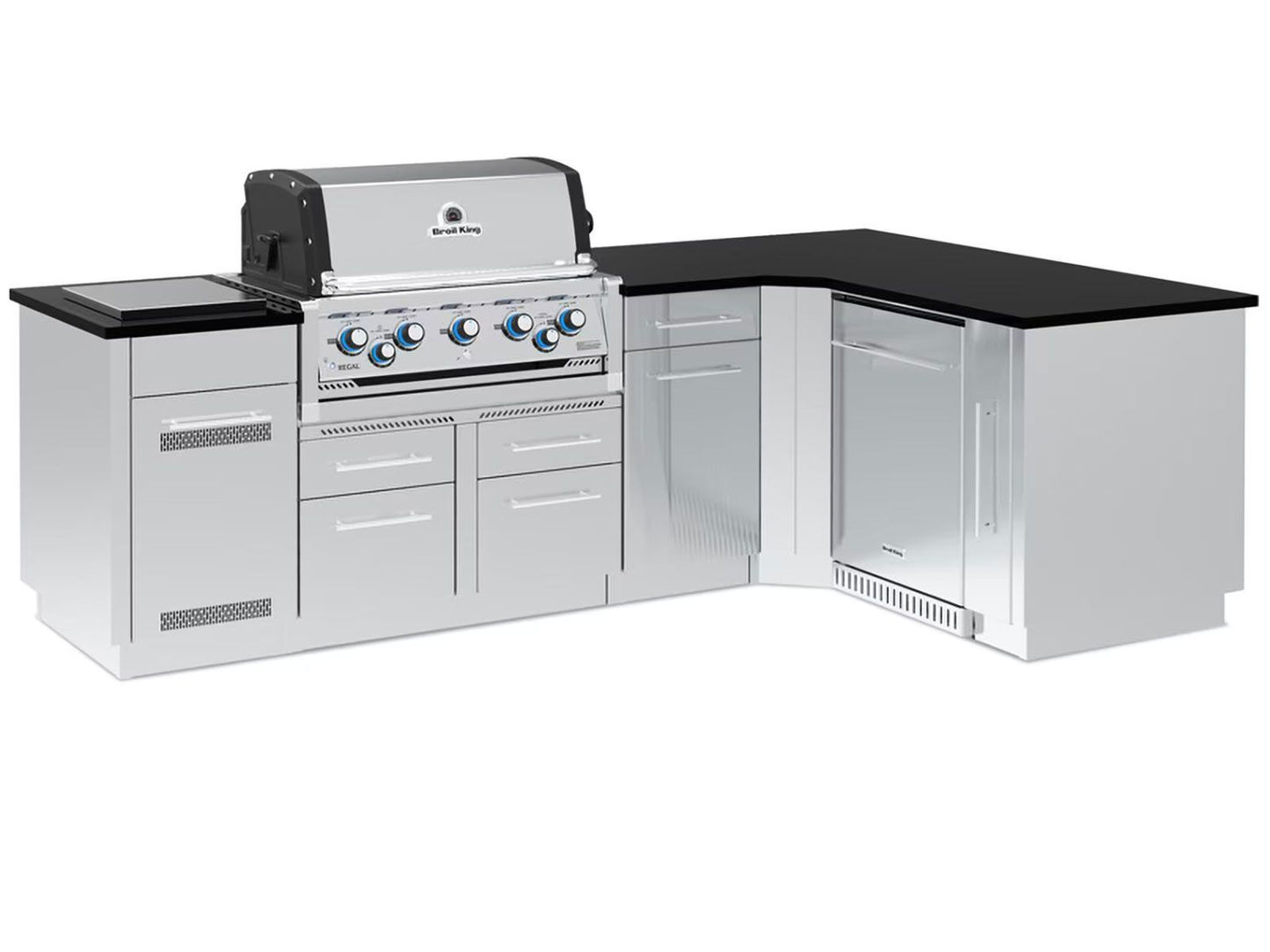 Broil King 111 x 70-Inch Outdoor Kitchen Island with Imperial S 590i 5-Burner Gas Grill, Rotisserie, Side Burner & Refrigerator