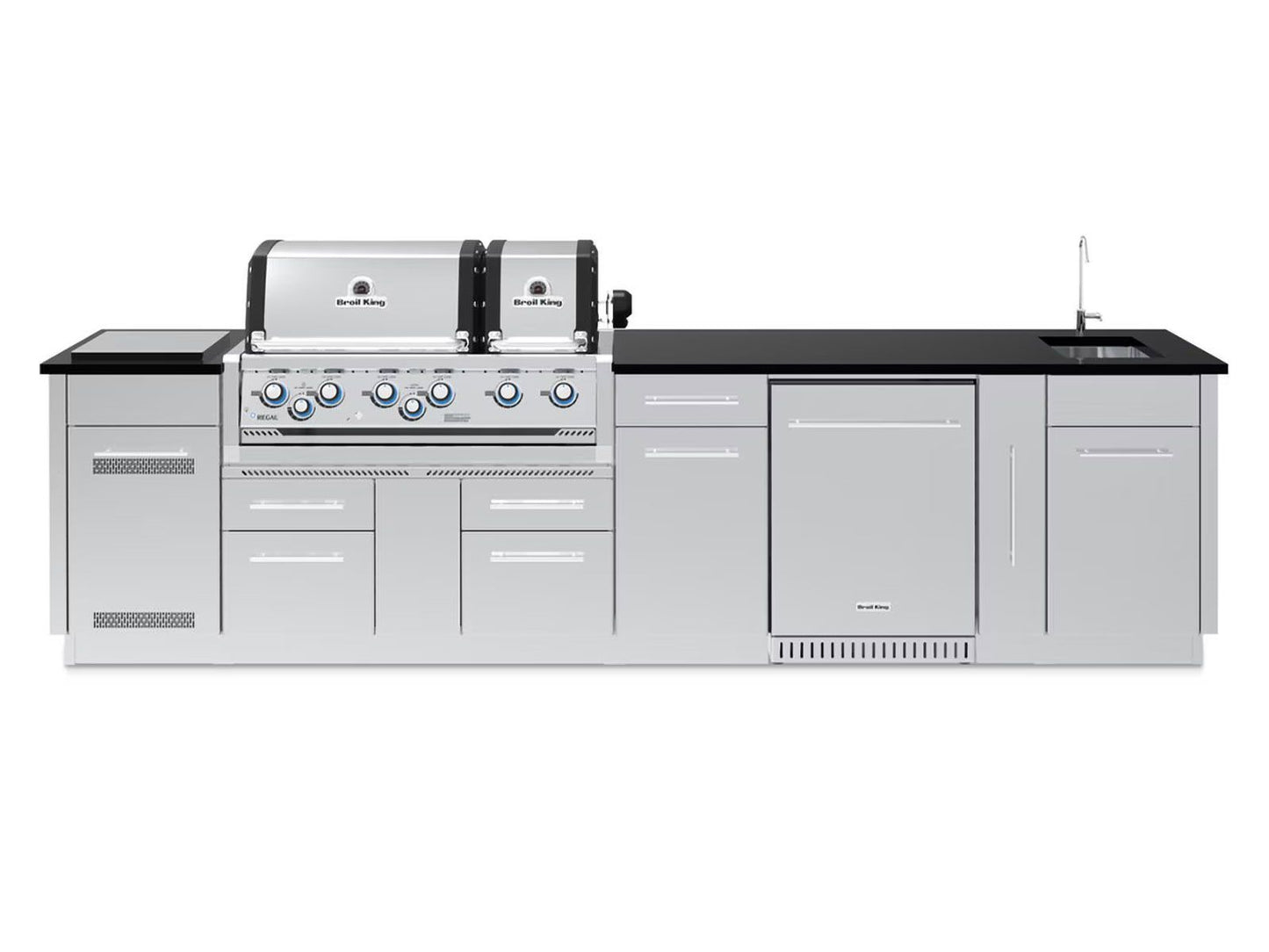 Broil King 11-Foot Outdoor Kitchen Island with Imperial S 690i 6-Burner Gas Grill, Rotisserie, Side Burner & Refrigerator (Right Orientation)