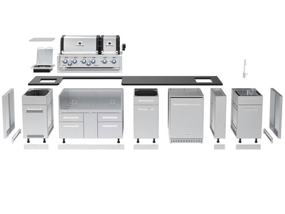 Broil King 11-Foot Outdoor Kitchen Island with Imperial S 690i 6-Burner Gas Grill, Rotisserie, Side Burner & Refrigerator (Right Orientation)
