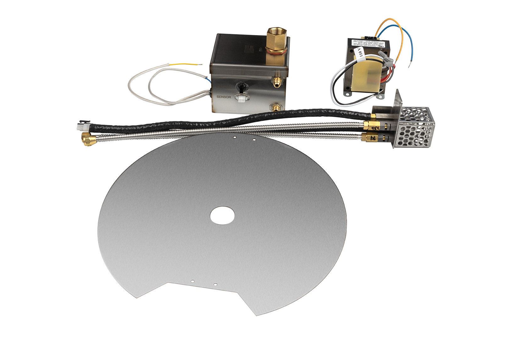 Mechanical parts including a metal disc and electronic components on a white background