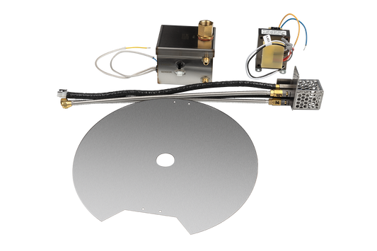 Mechanical parts including a metal disc and electronic components on a white background