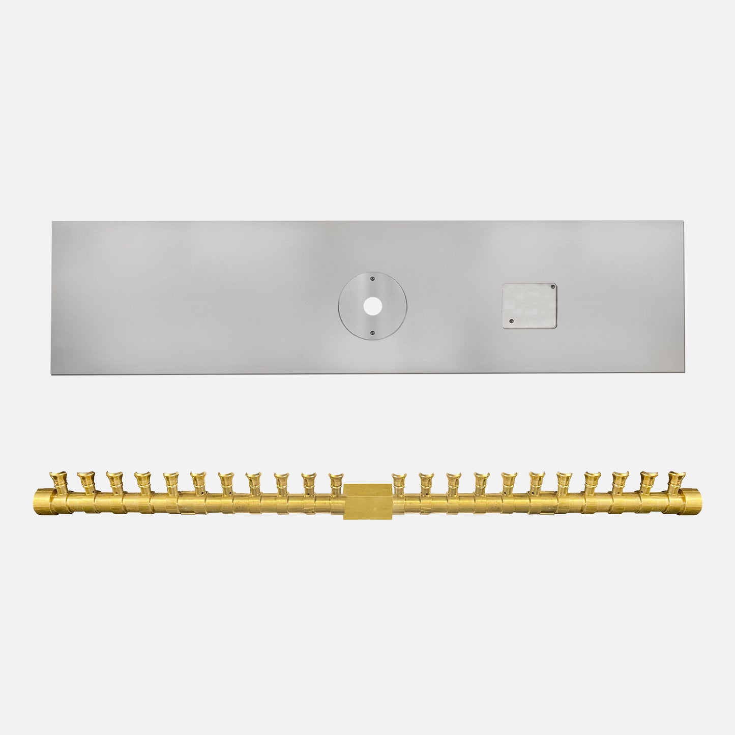 Rectangle Stainless Steel Flat Burner Pan Kit — Brass “T” Burner (Bowl Sold Separately) — NG or LP, AWEIS & Match-Lit, 36" x 6"–60" x 6"